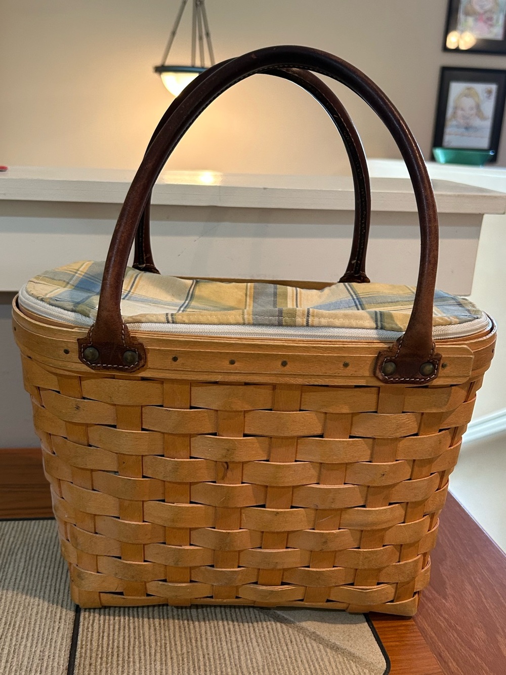 Longaberger Woven Basket Tote with Brown Leather Handles and Plaid Liner